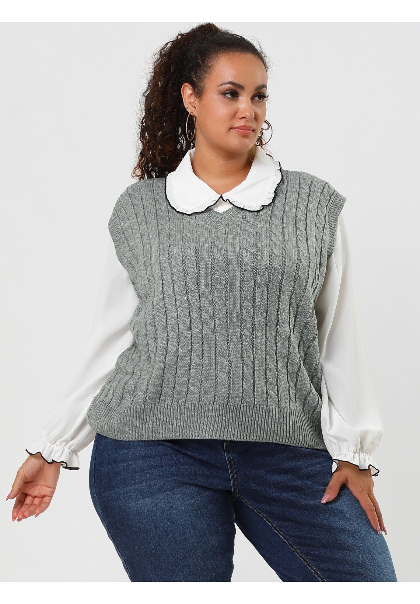 V Neck Cable Knit Sweater Sleeveless Pullover Sweater Vest, Gray / Cool Gray, hi-res image number 0