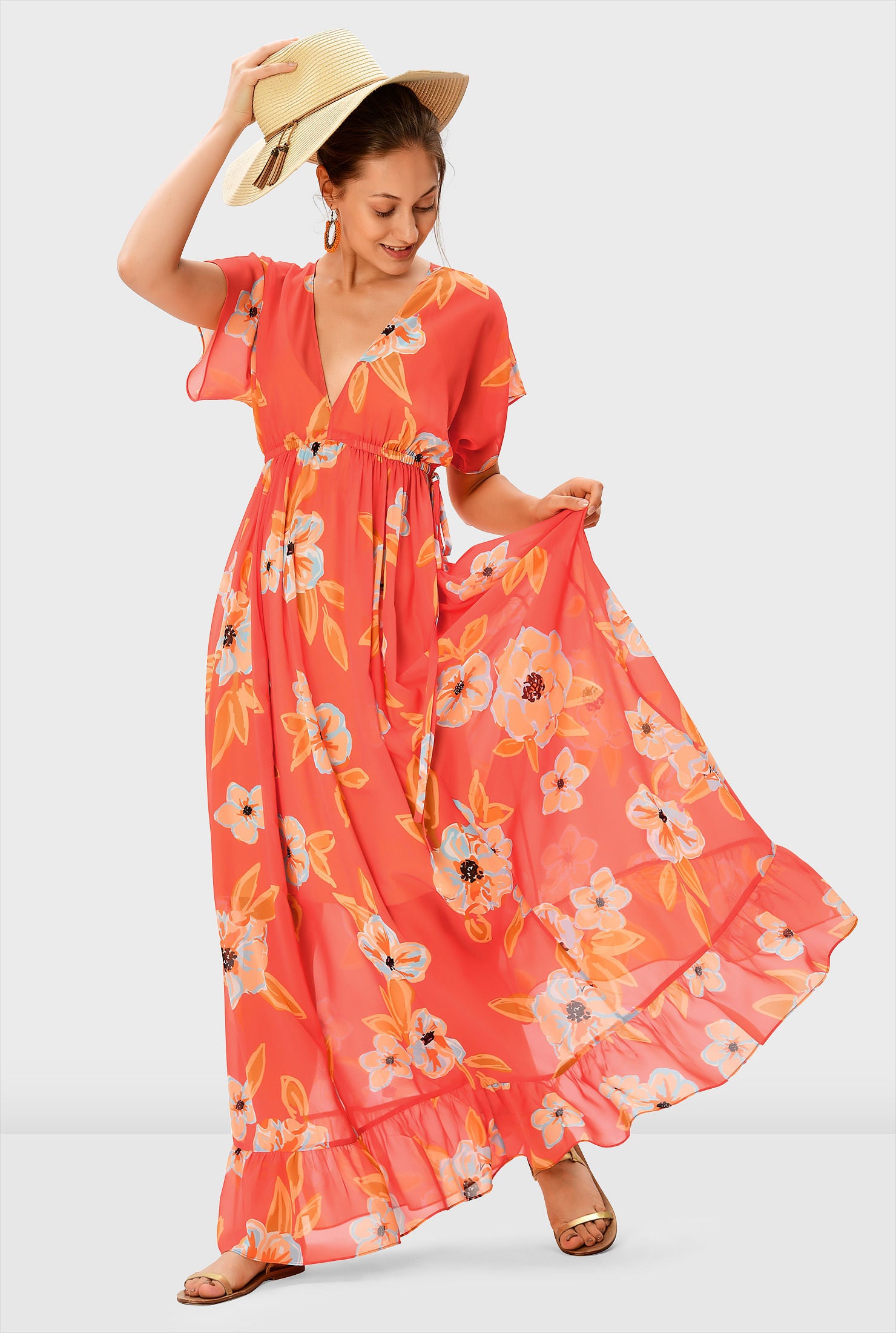 Floral Print Georgette Drawstring Empire Maxi Dress, Aqua / Orange, hi-res image number 0