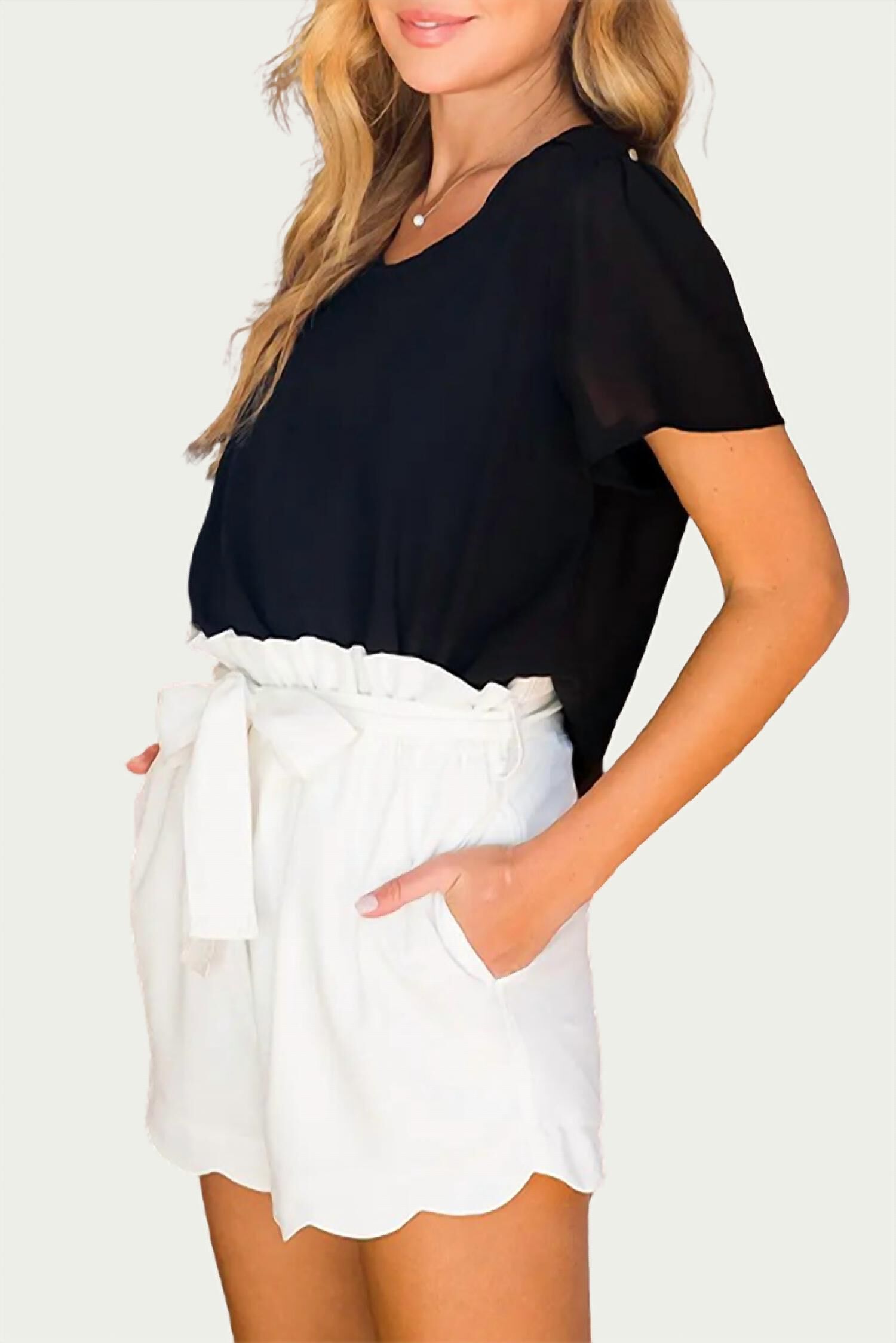 High-Waisted Scallop Trim Shorts In Ivory, , alternate image number 1