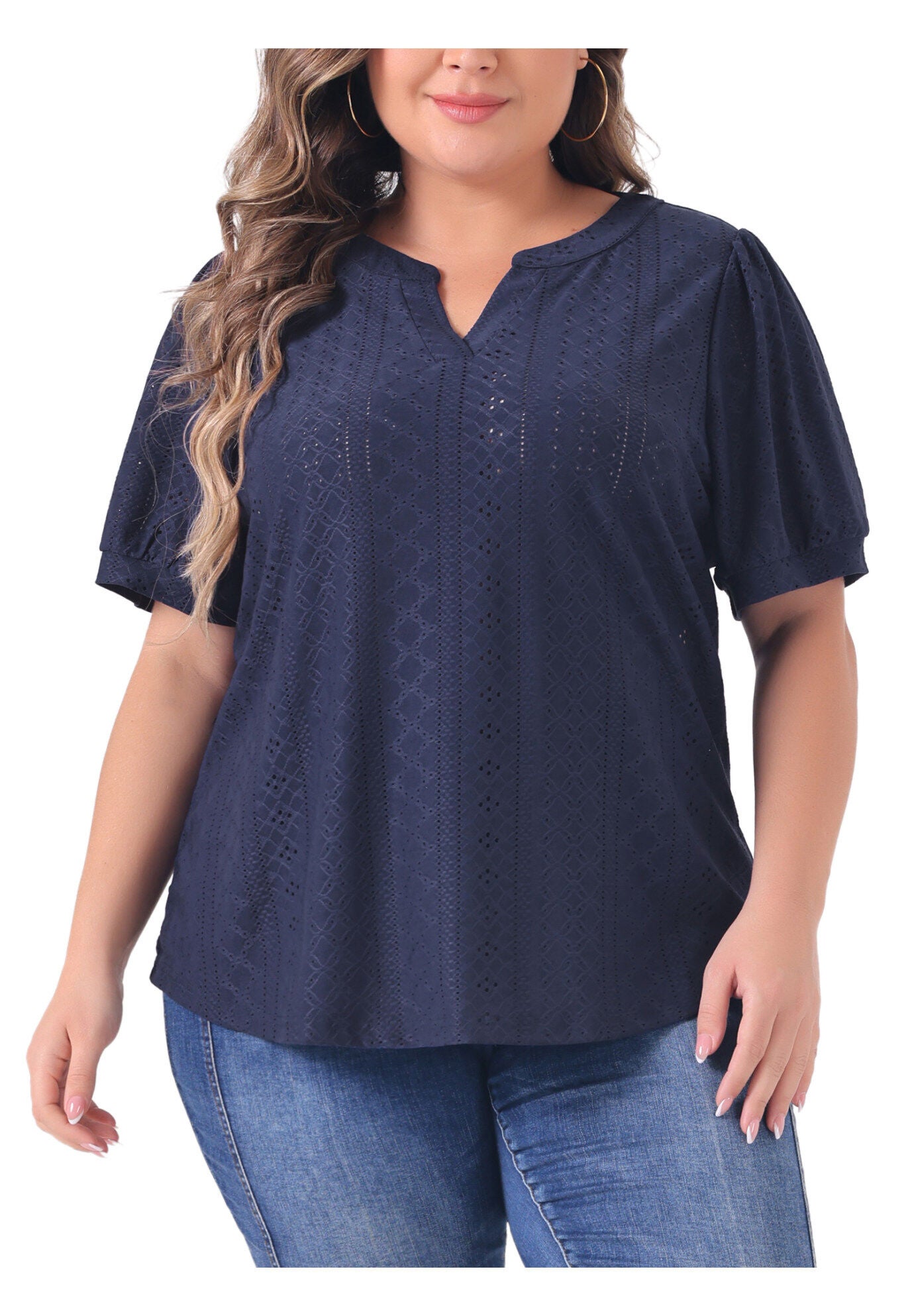 Hollow Casual V Neck Short Sleeve Summer Blouse, Navy Blue / Navy, alternate image number 1
