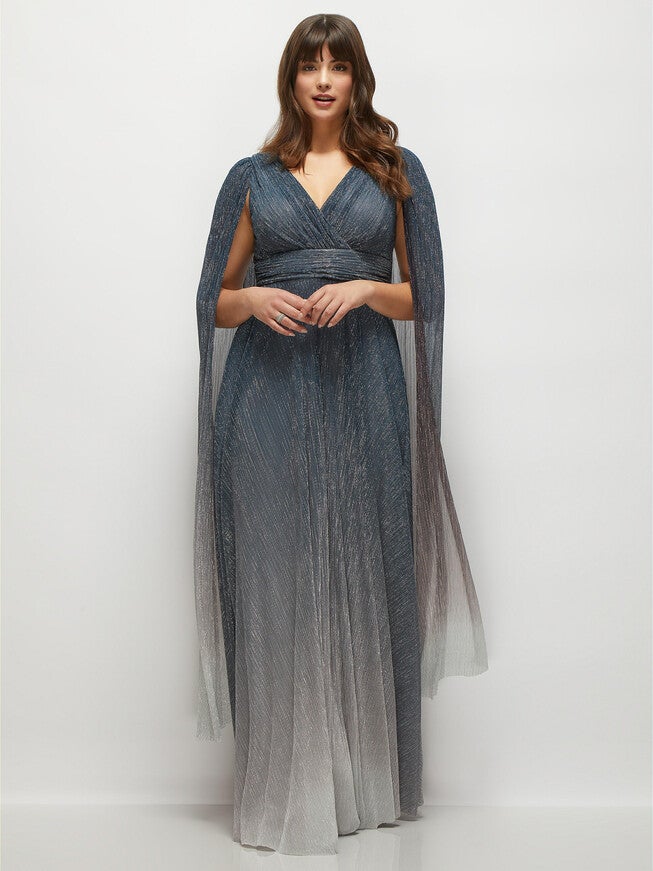 Streamer Sleeve Ombre Pleated Metallic Maxi Dress, Cosmic Blue / White, hi-res image number null