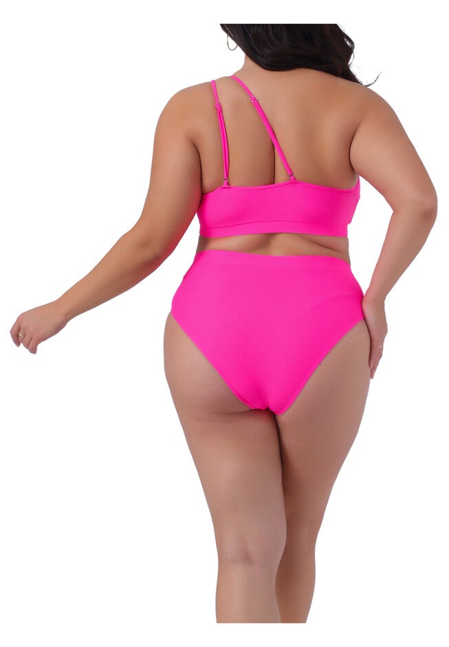 High Waisted Bikini Two Piece One Shoulder Keyhole Swimsuit, Hot Pink / Deep Fuchsia, alternate image number 3