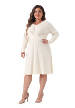 Long Sleeve Elegant Knitted Criss Cross V Neck Sweater Midi Dress