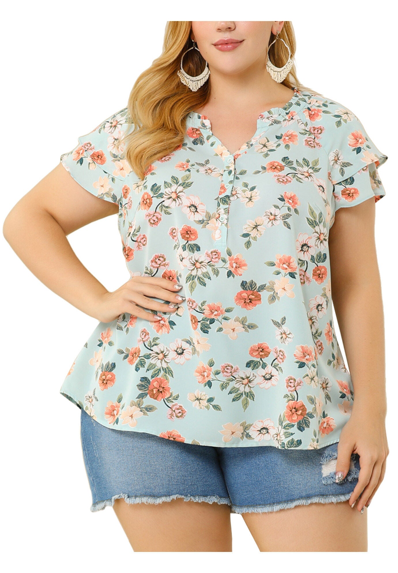 Floral Ruffle Trim V Neck Layered Sleeve Blouse, Light Blue / Light Blue, alternate image number 1