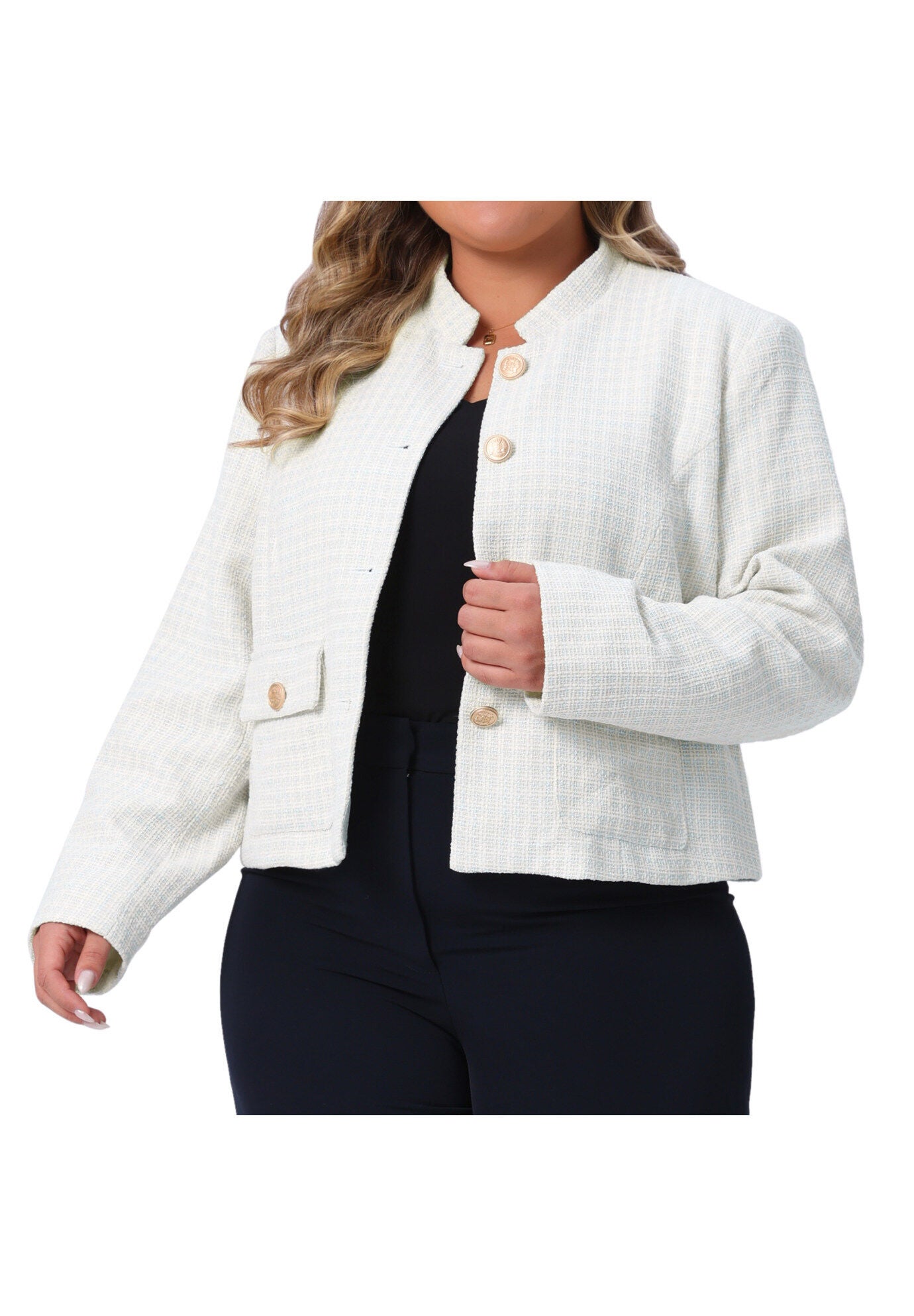 Tweed Long Sleeve Casual Cropped Jacket with Pockets, White / White, alternate image number 2