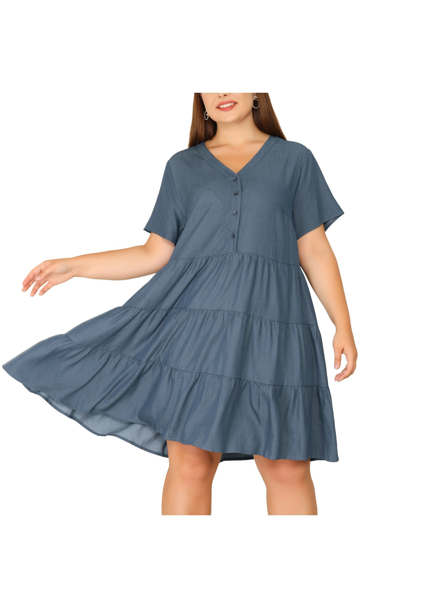 Button Down V Neck Knee Length Tiered Chambray Dress, Grey Black / Charcoal Grey, alternate image number 1