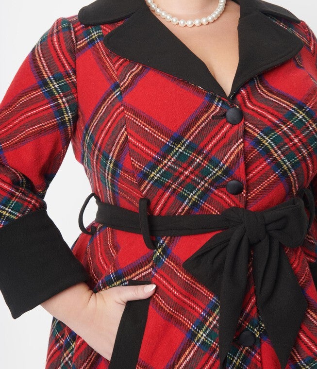Unique Vintage Red Tartan Plaid Swing Coat, Red Plaid / Red, alternate image number null