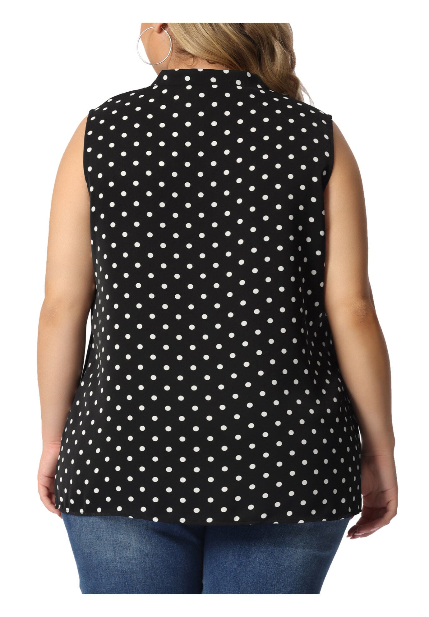 POLKA DOTS V NECK TIE NECK SLEEVELESS BLOUSE TANK TOP, Black / Black, alternate image number 3