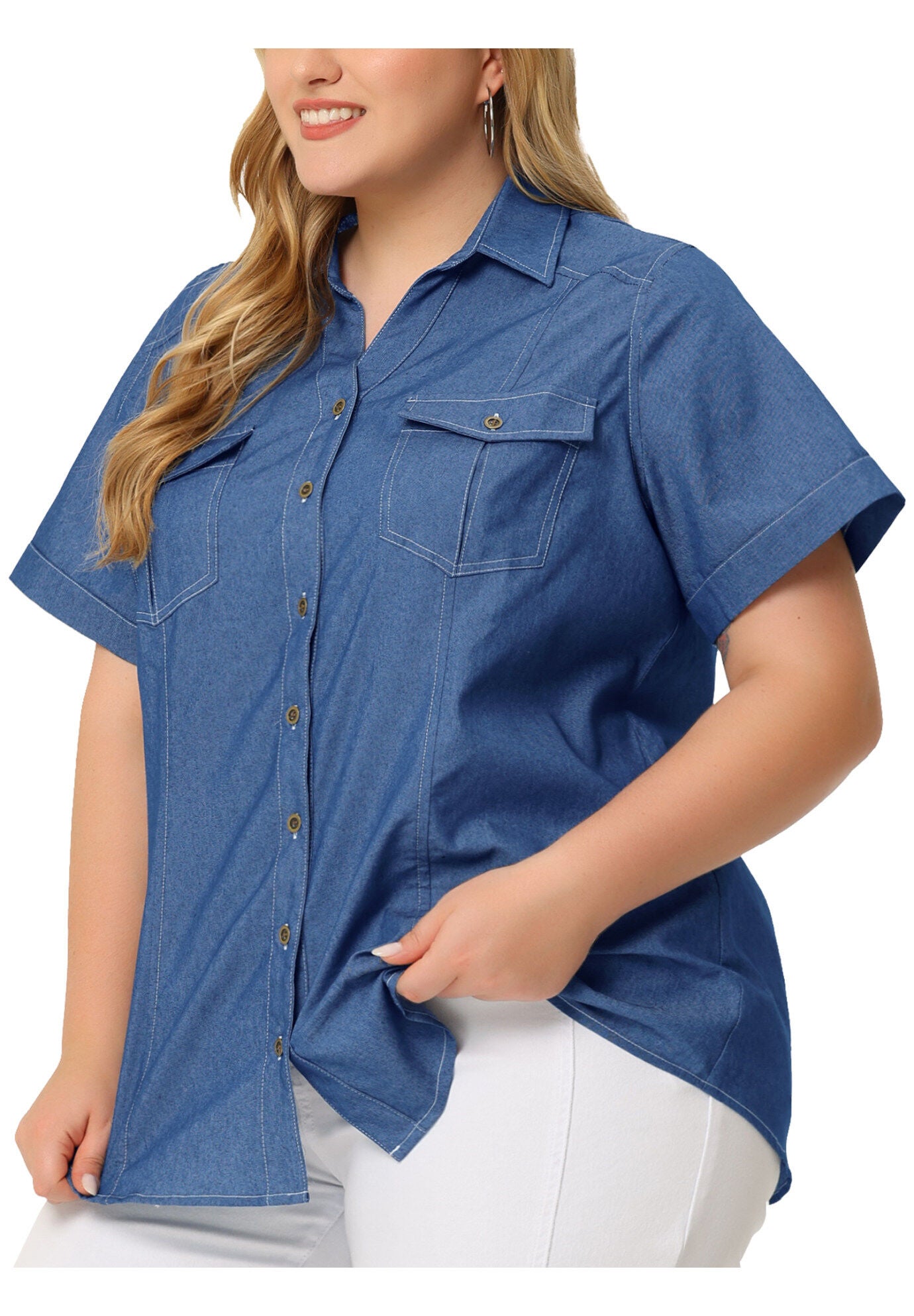 Workwear Short Sleeve Button Down Chambray Shirt, Dark Blue / Navy, alternate image number 2