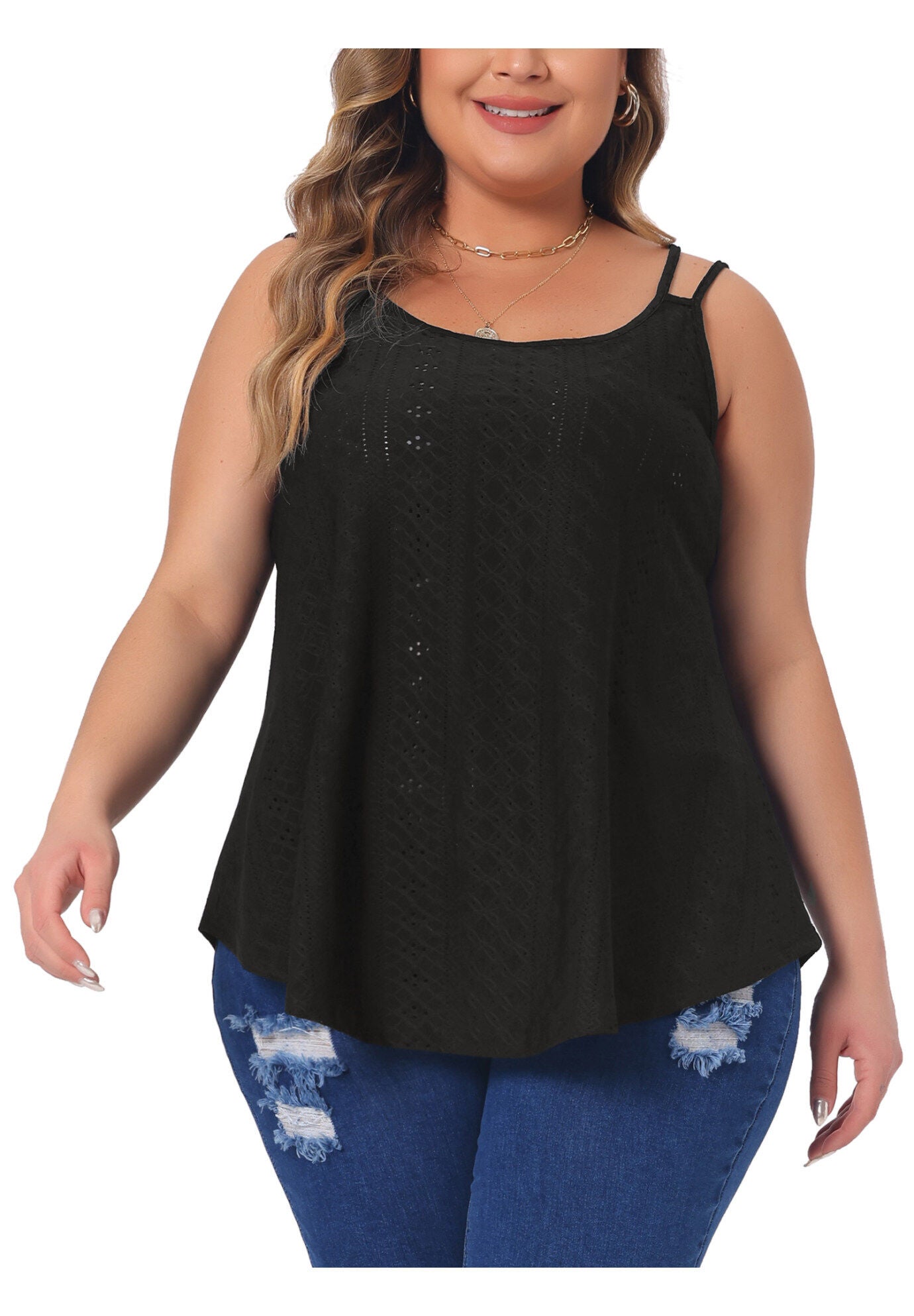 Eyelet Embroidery Sleeveless Spaghetti Strap Loose Fit Cami Tank Top, Black / Black, alternate image number 4