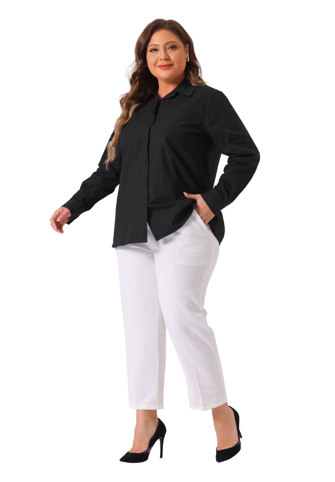 Button Down Cotton Stand Collar Long Sleeve Solid Work Shirt, Black / Black, hi-res image number 0