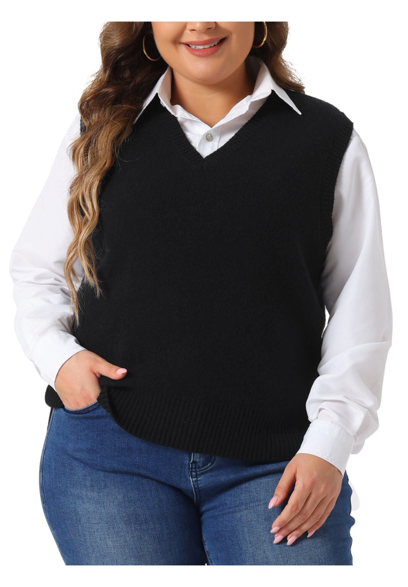 V Neck Knit Vest Sleeveless Pullover Sweater Top, Black / Black, alternate image number 2