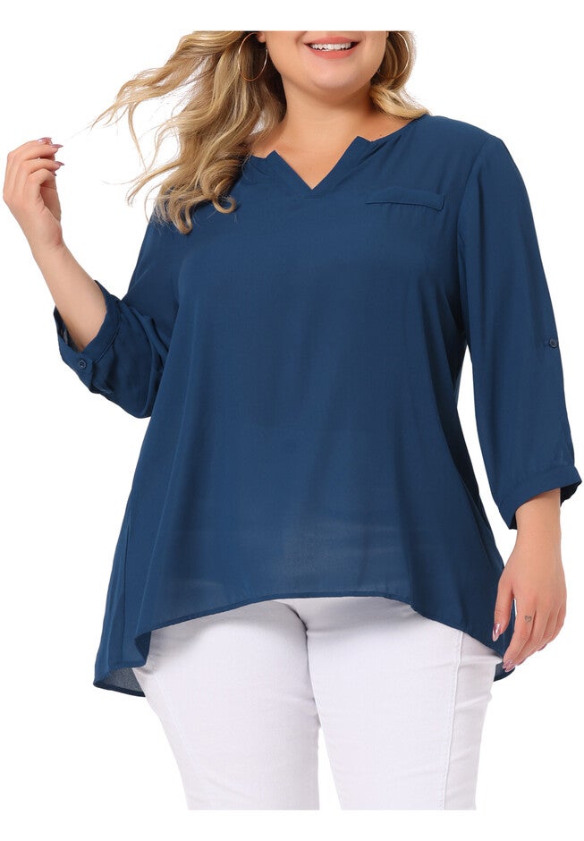 3/4 Sleeve Sheer Flowy Summer Split V Neck Blouse, Blue / Navy, alternate image number 2