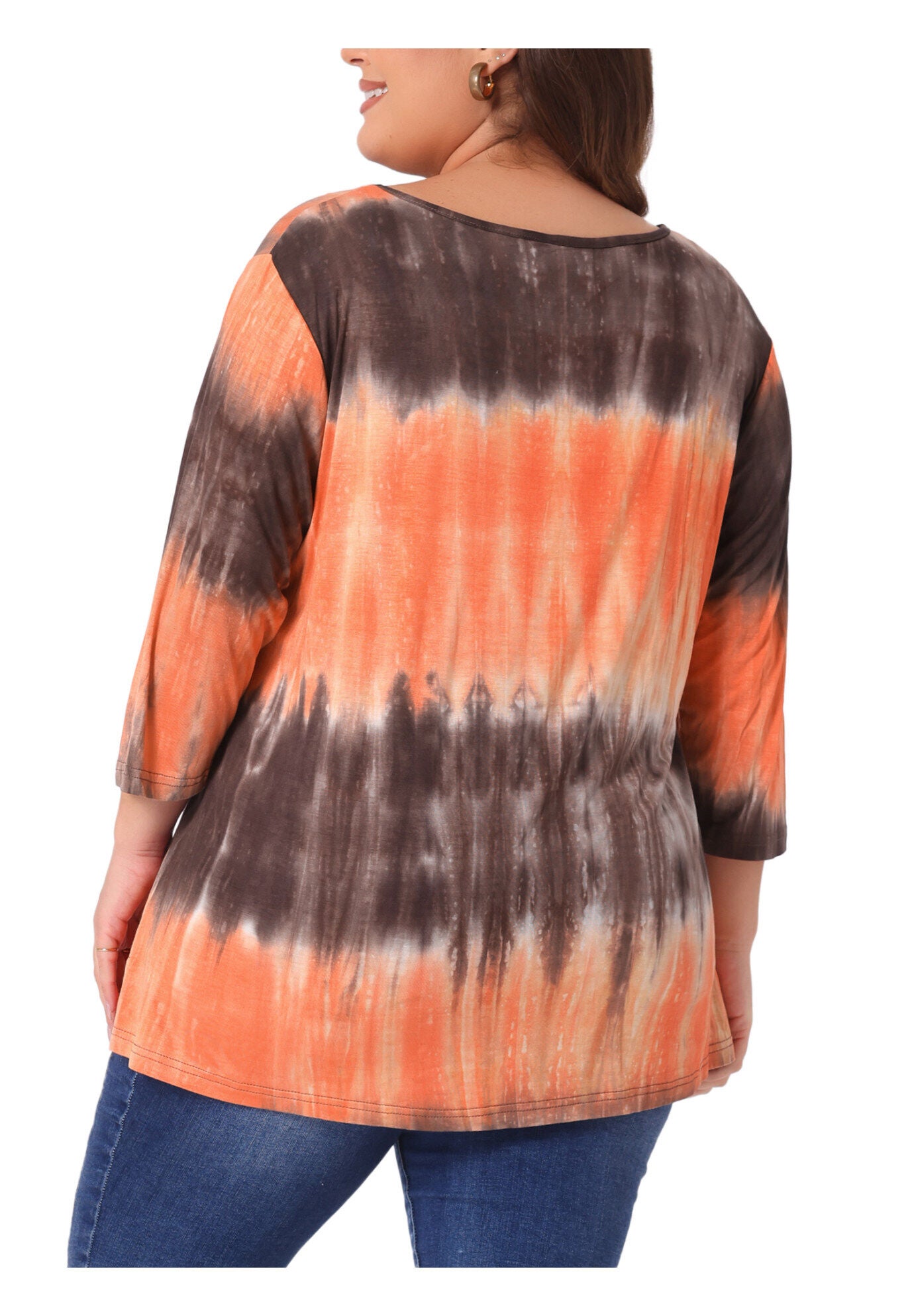V Neck 3/4 Sleeve Loose Casual Striped Tie Dye Print T-Shirt Top, Orange / Orange, alternate image number 3