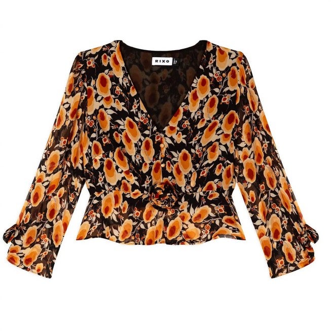 WILLOW V-NECK RUFFLED MIX BLOUSE TOP IN SIENNA STARLET FLORAL, Sienna Starlet Floral / Orange, hi-res image number null