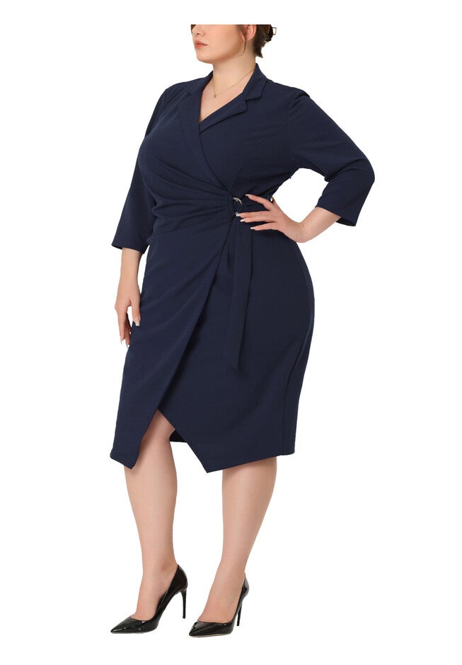 3/4 Sleeve Elegant Notched Lapel Cocktail Evening Sheath Dress, Navy Blue / Navy, alternate image number 1