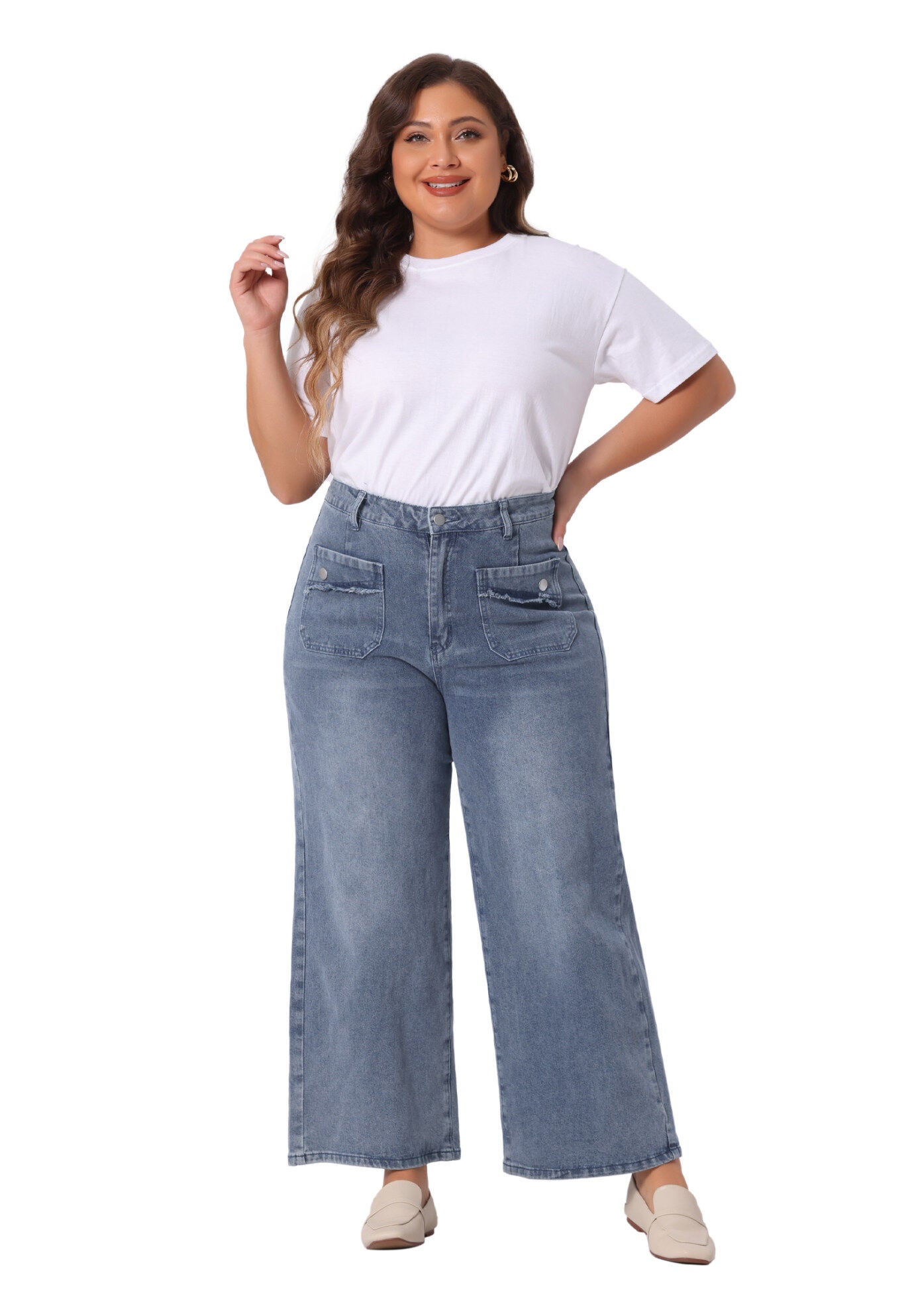 WIDE LEG WASHED STRETCHY PALAZZO PANTS DENIM JEANS, Grey Blue / Dusty Blue, hi-res image number 0