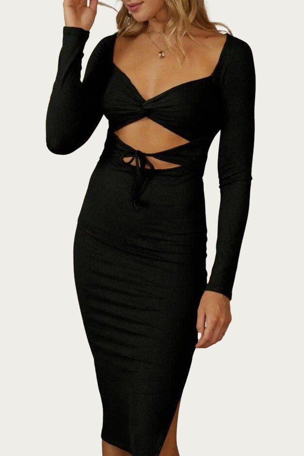 SOLID RIB CROSS FRONT MIDI DRESS IN BLACK, Black / Black, hi-res image number null