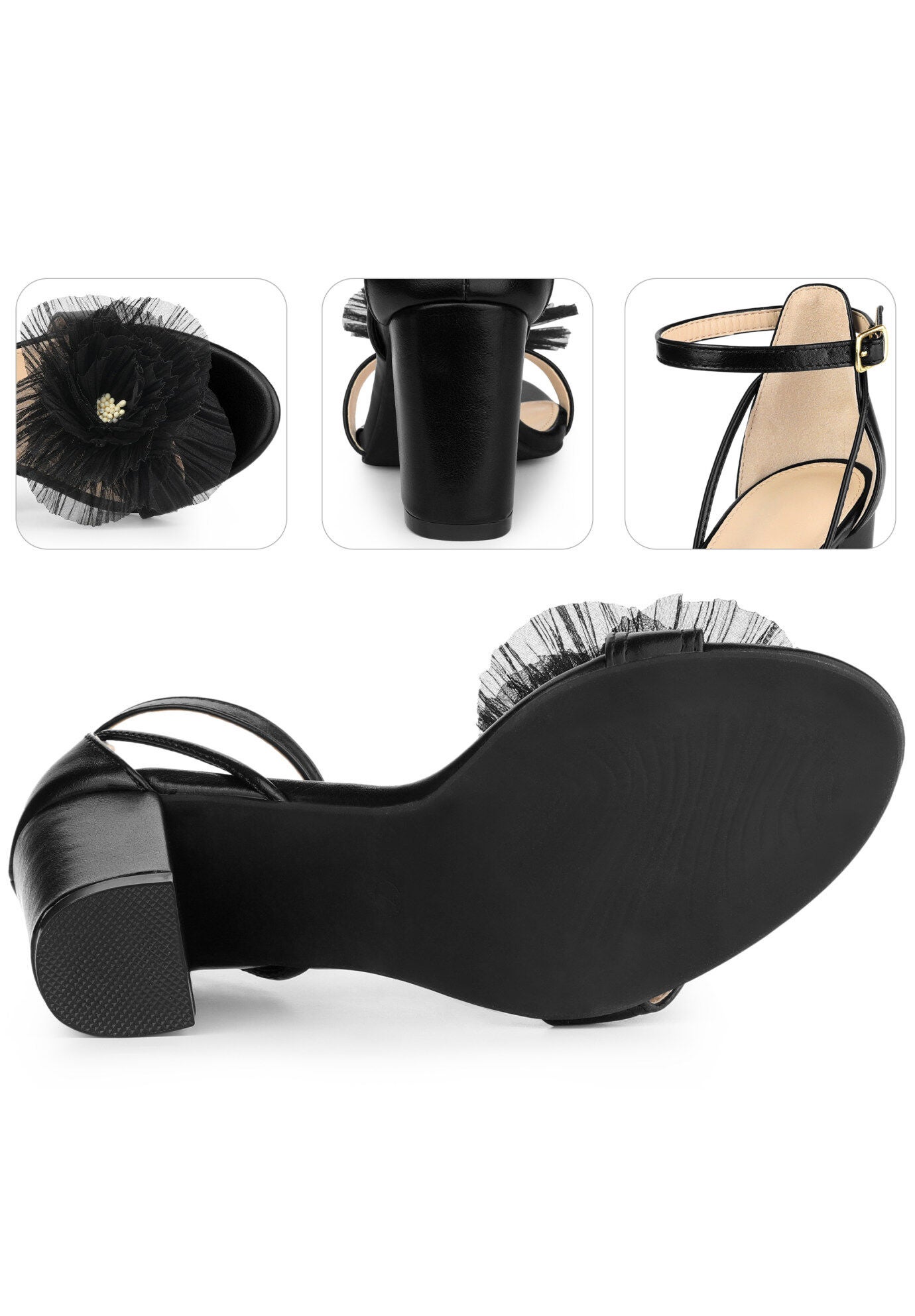 Floral Open Toe Block High Heel Sandals, Black / Black, alternate image number 2