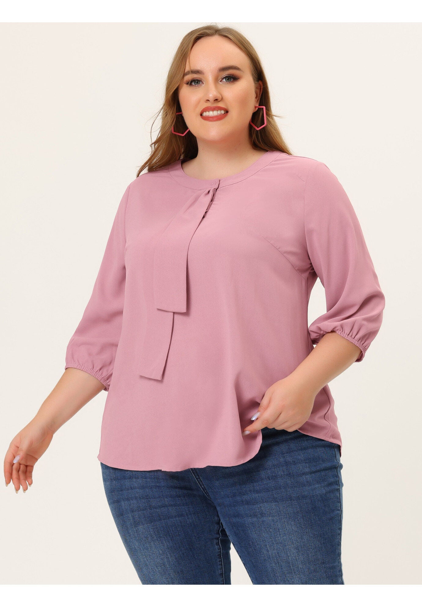 Work Round Neck Ruffle Chiffon Blouse Top, Pink Purple / Pink, alternate image number 1