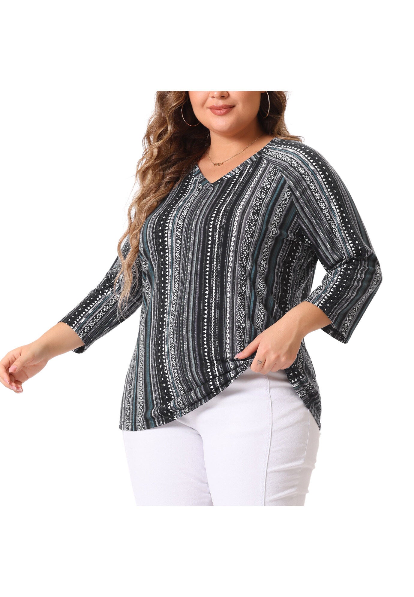 3/4 Sleeve Knit Blouse Tee Stripe Boho Top, Black / Black, alternate image number 1