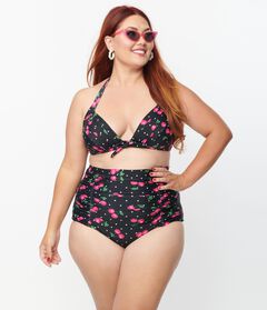 Unique Vintage Black & Hot Pink Cherry Pin Dot Monroe Swim Bottom