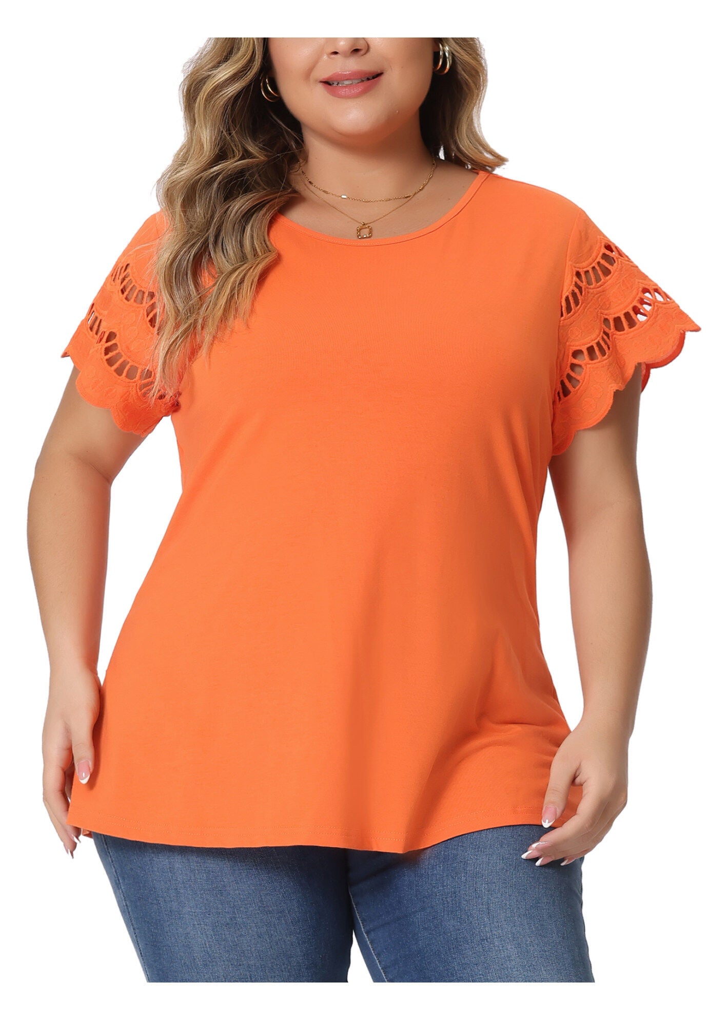 Lace Panel Hollow Short Sleeve Summer Blouse, Orange / Orange, alternate image number 1