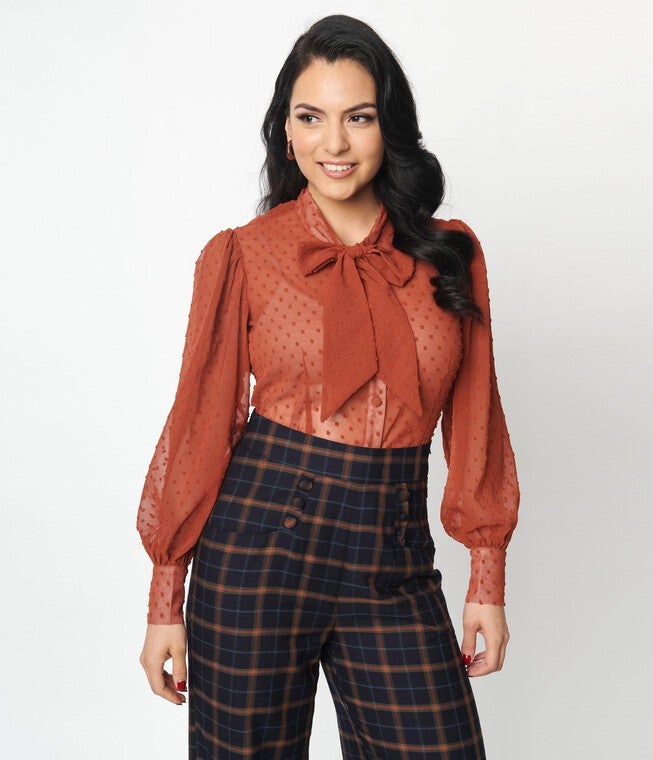 Unique Vintage Rust Clip Dot Gwen Blouse, Rust Clipdot / Rust, hi-res image number null