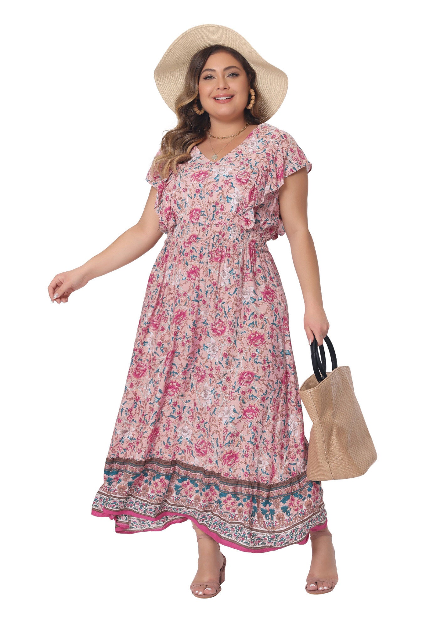 V Neck Ruffle Sleeve Boho Floral Maxi Long Dress, Pink / Pink, hi-res image number 0