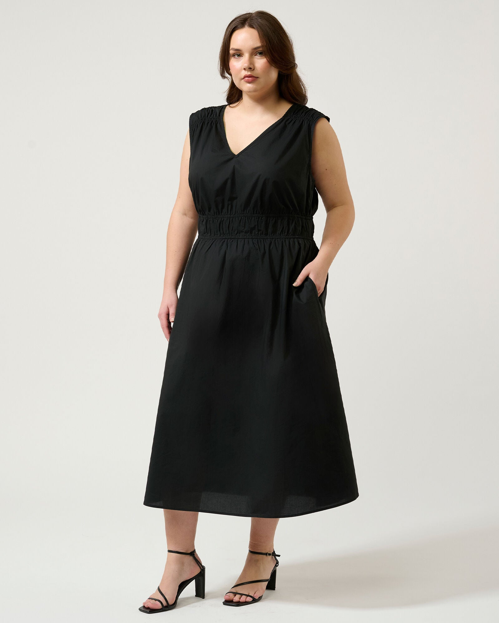 Allyssa Elasticated Midi Dress, Black / Black, alternate image number 4
