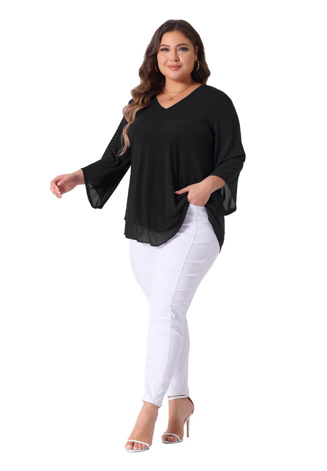 3/4 Sleeve Scoop Neck Double Layers Chiffon Blouse, Black / Black, hi-res image number 0