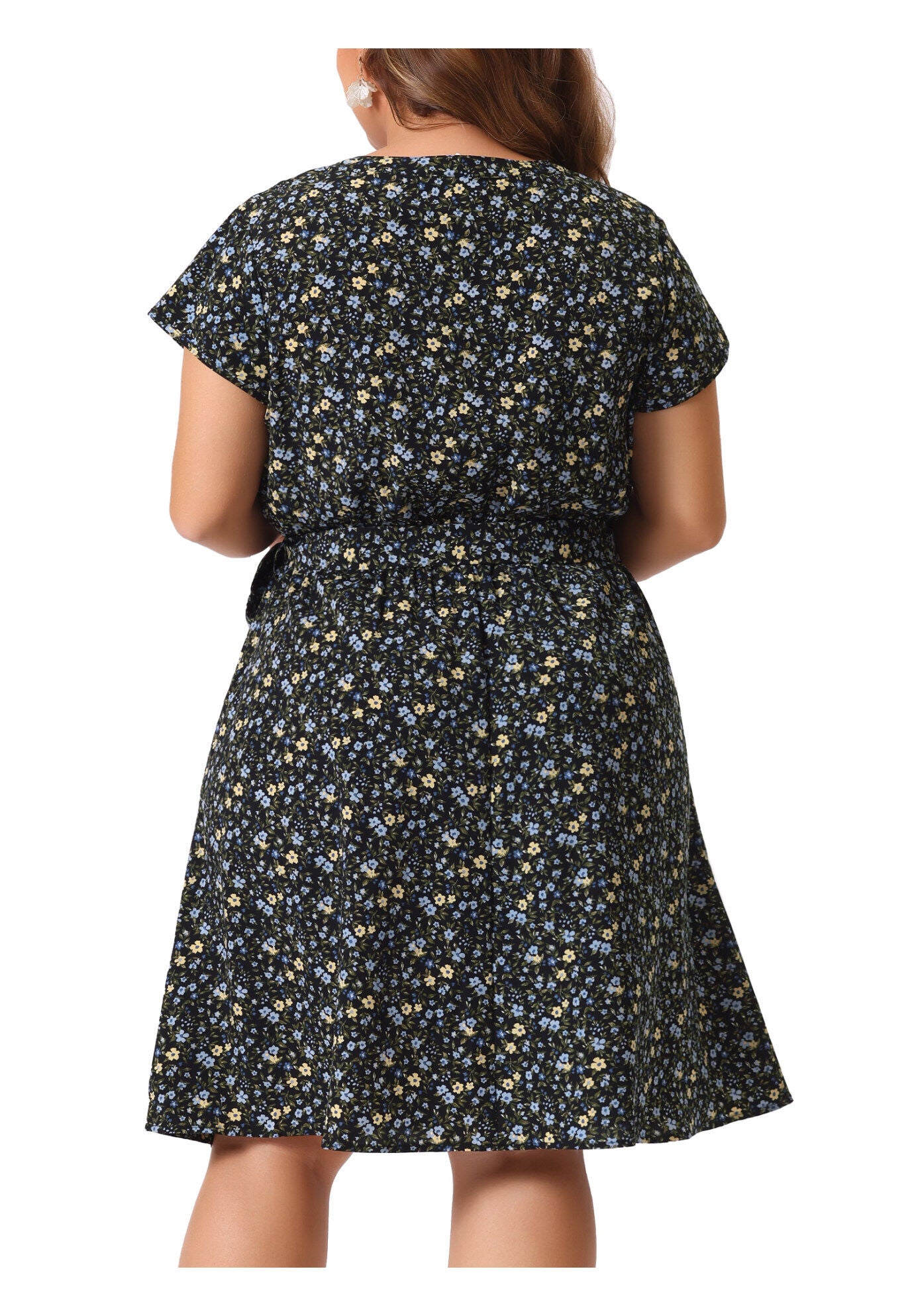 V Neck Belted Summer Floral Dress, Black Blue / Navy, alternate image number 3