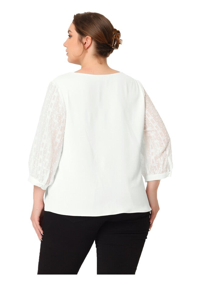 V Neck Sheer Lace Panel 3/4 Sleeve Button Up Lace Top, White / White, alternate image number 3
