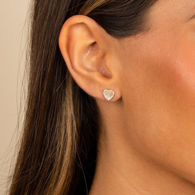 Colored Stone Pave Heart Stud Earring Mother of Pearl One Size Pair, , alternate image number null