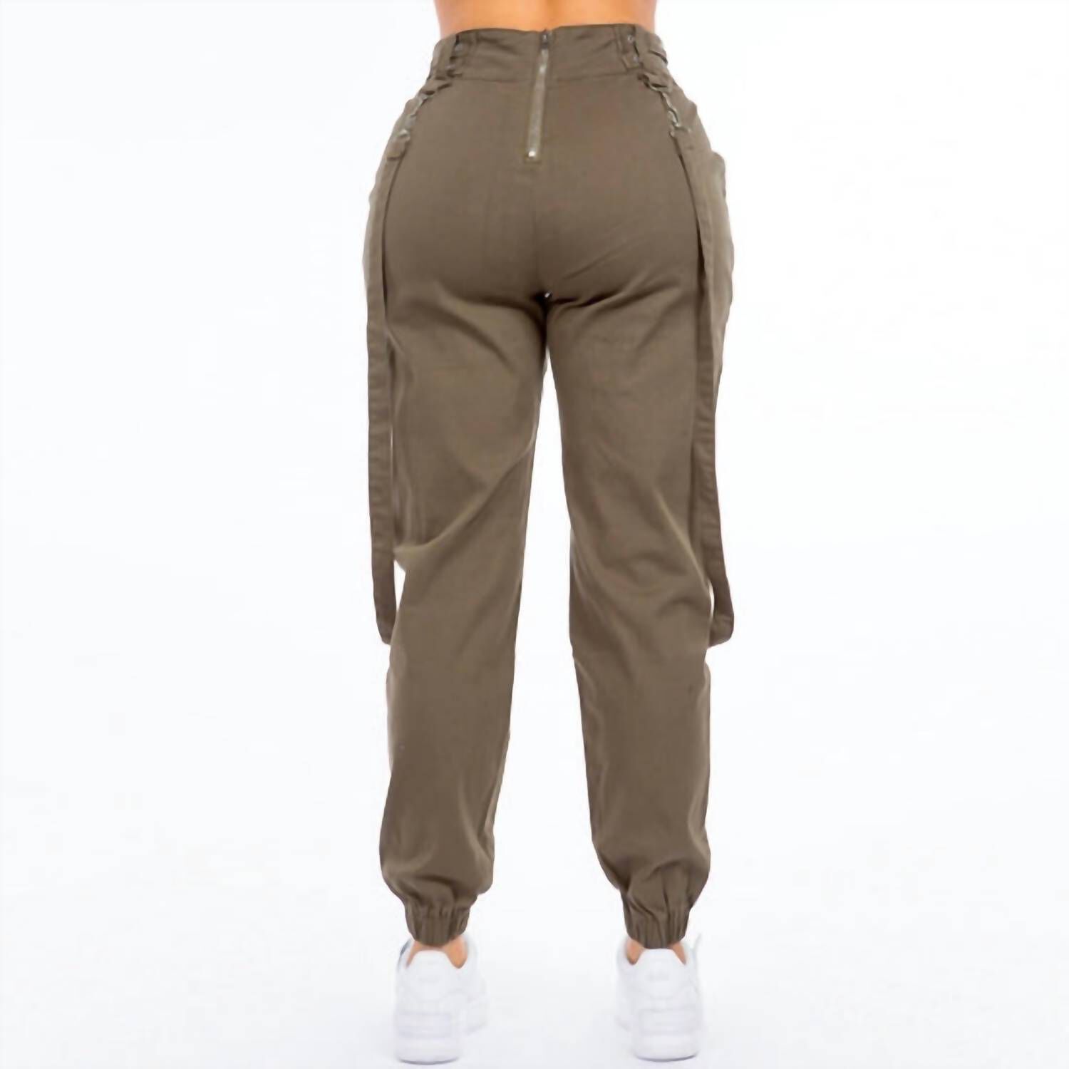 HIGH WAIST JOGGER PANTS WITH SUSPENDERS IN ARMY GREEN, , alternate image number 6