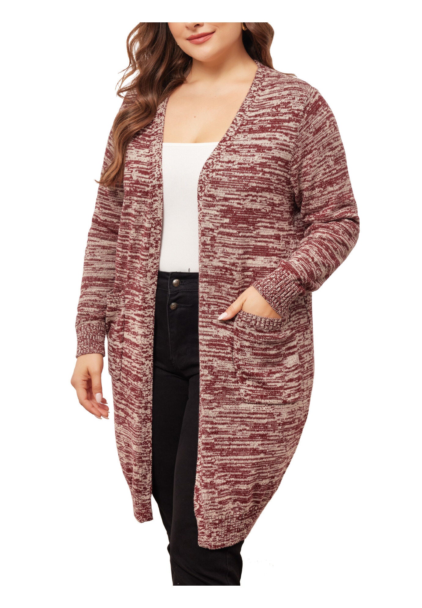 CONTRAST COLOR OPEN FRONT POCKETS SWEATER CARDIGAN, Burgundy / Red, alternate image number 1