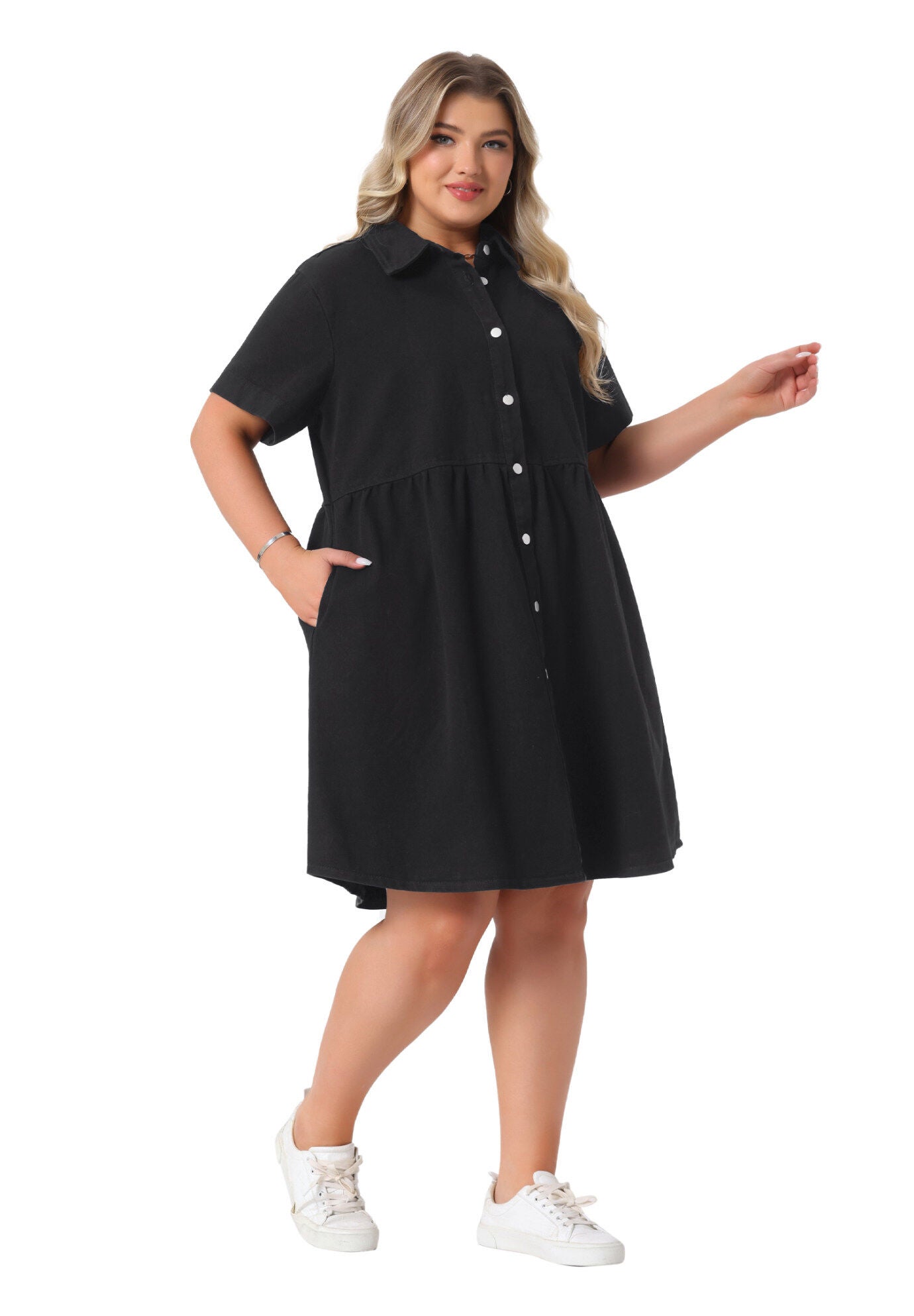 Denim Babydoll Tiered Short Sleeve Button Down Jean Shirt Dress, Black / Black, hi-res image number 0