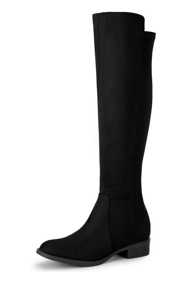Round Toe Side Zip Chunky Heels Knee High Boots, Black / Black, alternate image number 3