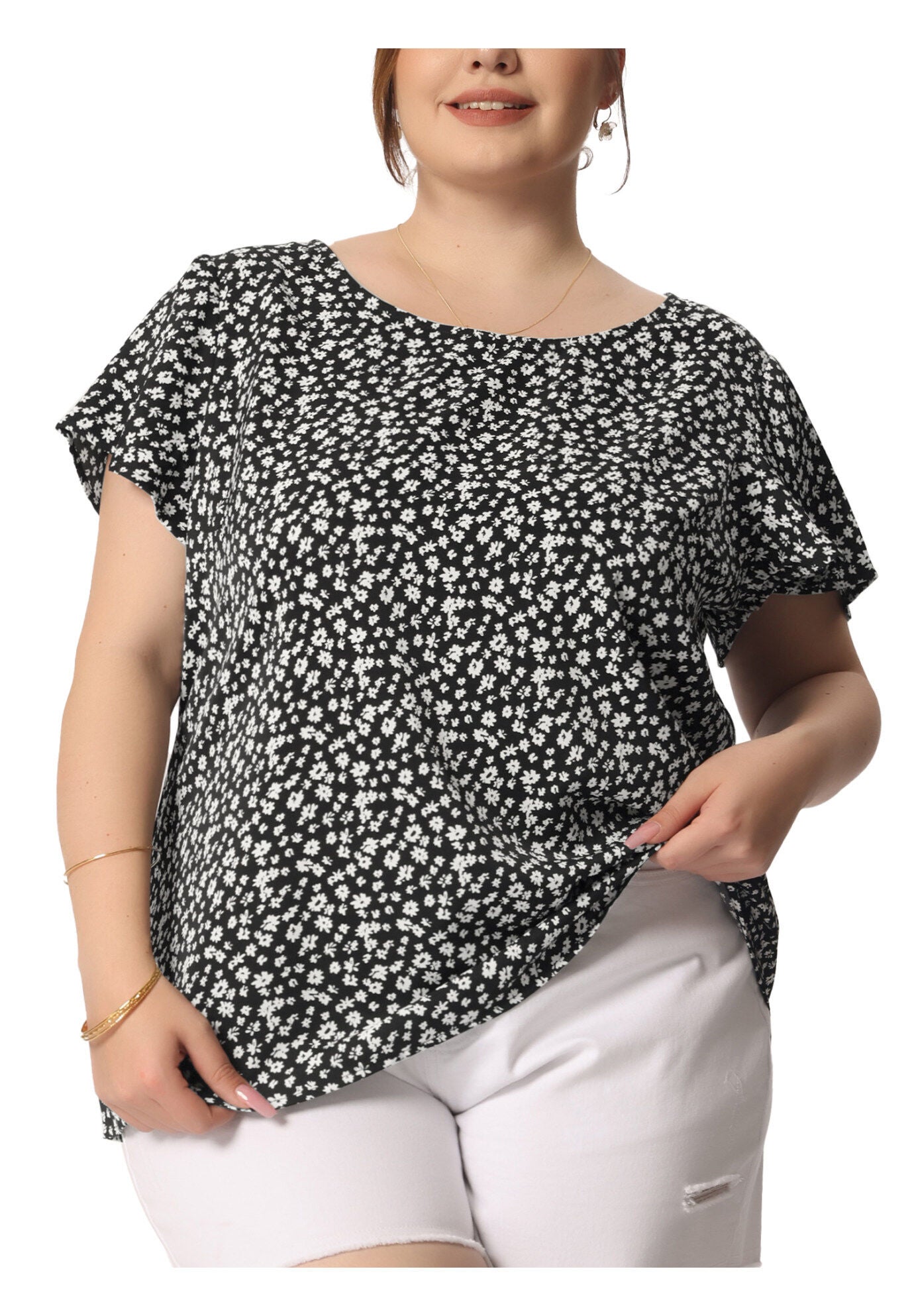 Flare Sleeve Round Neck Dense Floral Peplum Blouses, Black / Black, alternate image number 2