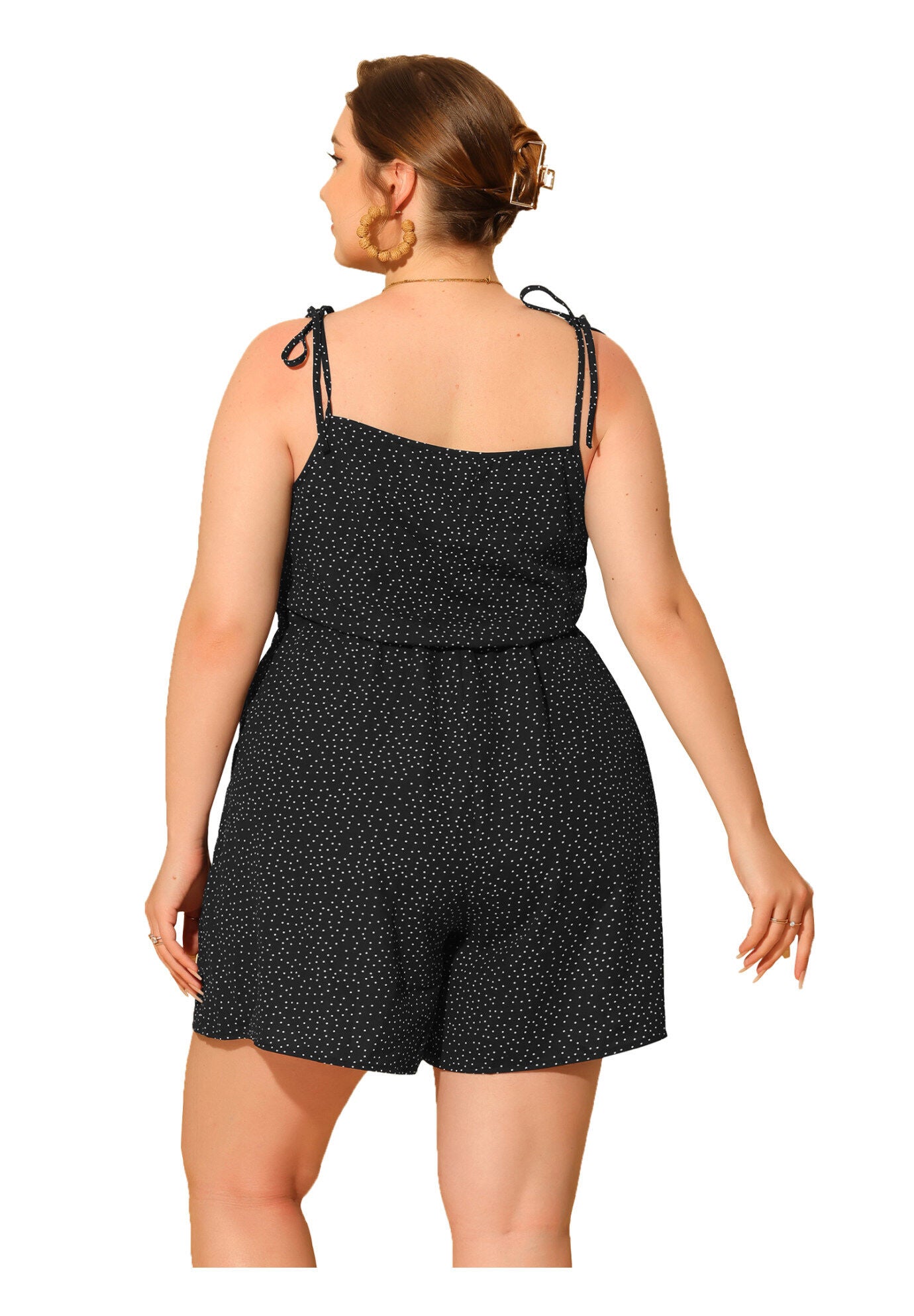 SUMMER POLKA DOTS HIGH ELASTIC WAIST CAMI ROMPER JUMPSUIT, Black / Black, alternate image number 3