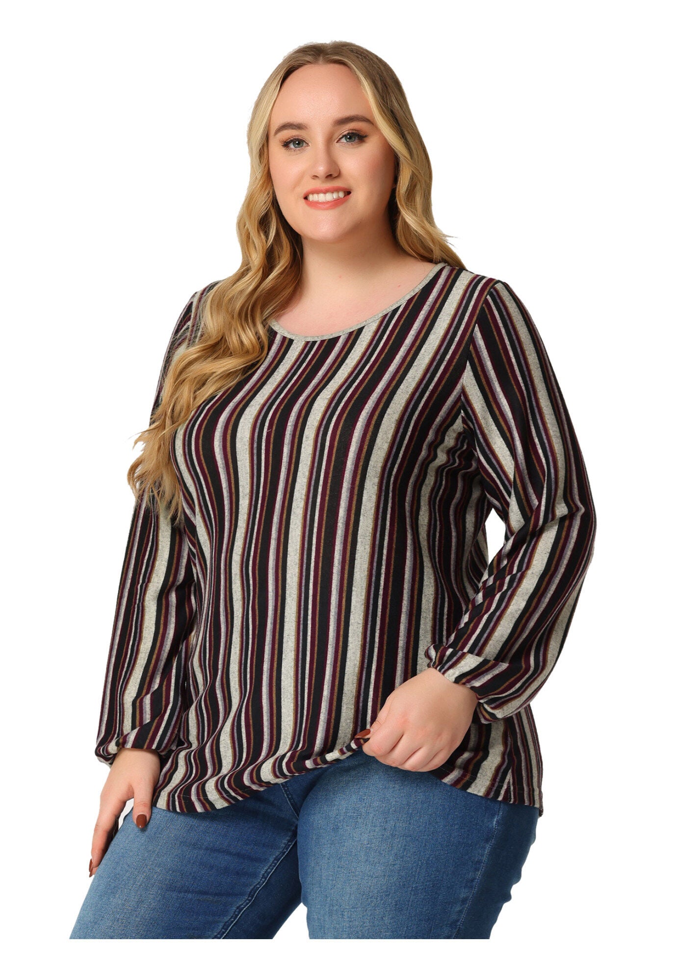 Boho Color Block Elastic Cuff Long Sleeve Striped Top, Multicolor B / Brown, hi-res image number 0