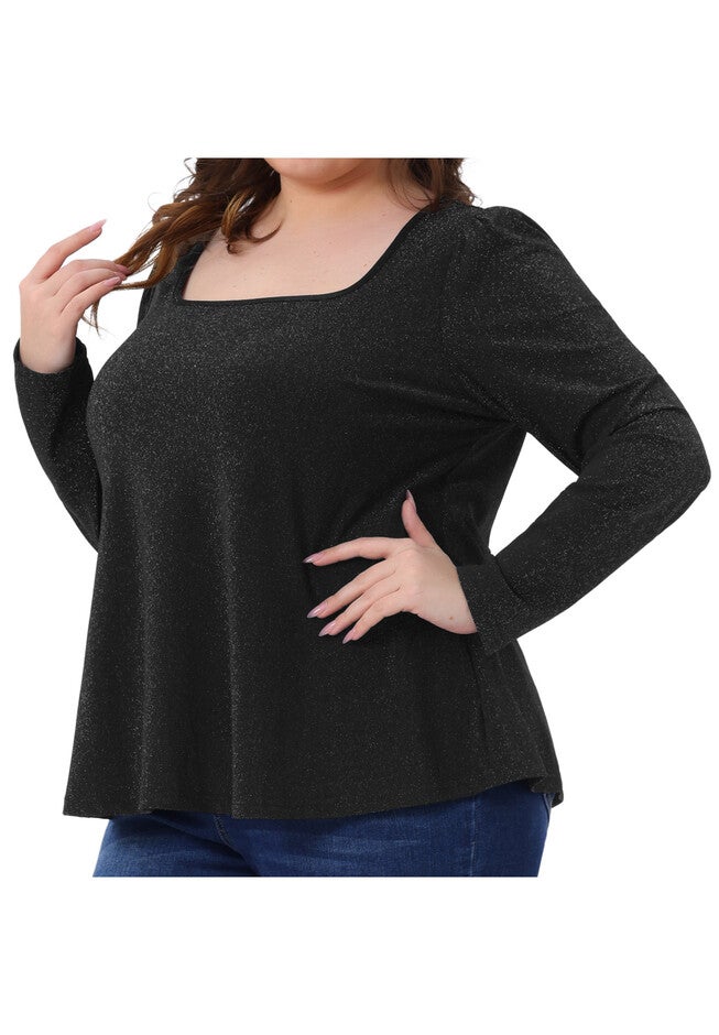 Party Glitter Square Neck Shiny Sparkle Blouses, Black / Black, alternate image number 1
