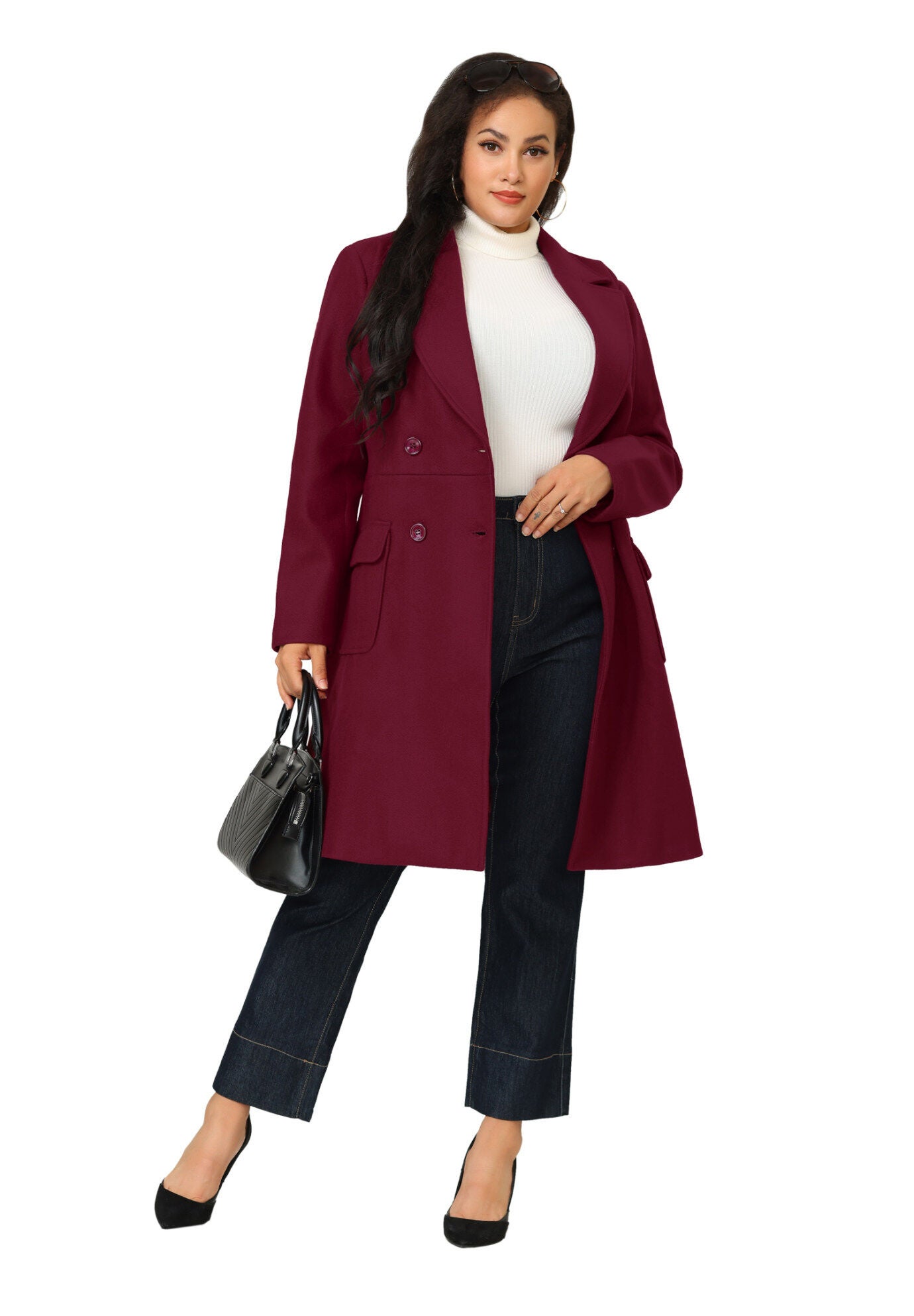 NOTCH LAPEL DOUBLE BREASTED PEA TRENCH COAT, Burgundy / Red, hi-res image number 0