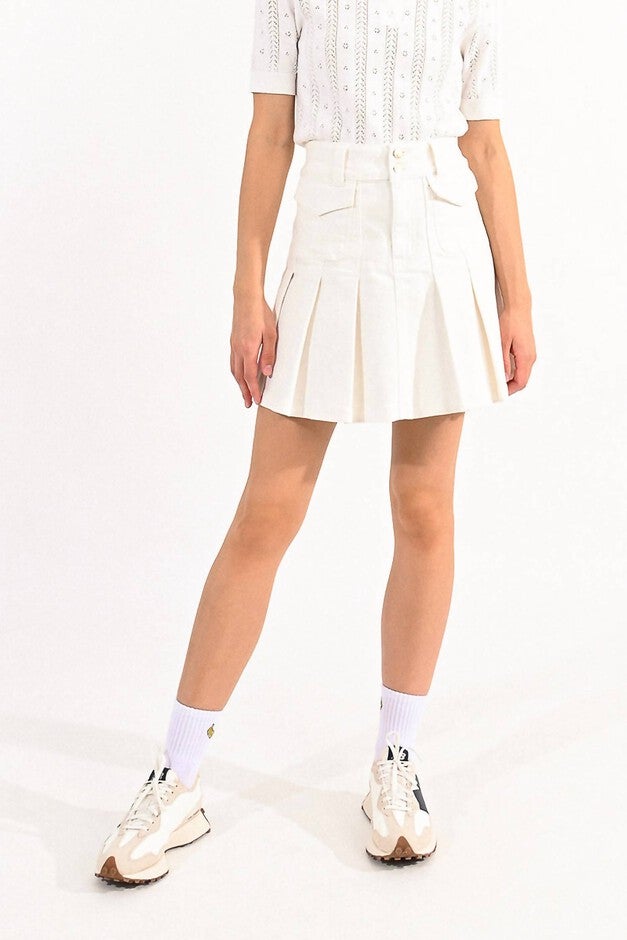 PLEATED DENIM TENNIS SKIRT IN WHITE, White / White, hi-res image number null