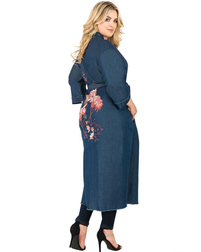 Kumiko Denim Bird Print Kimono Duster Jacket, 3005DIRTYDOG / Navy, alternate image number 3