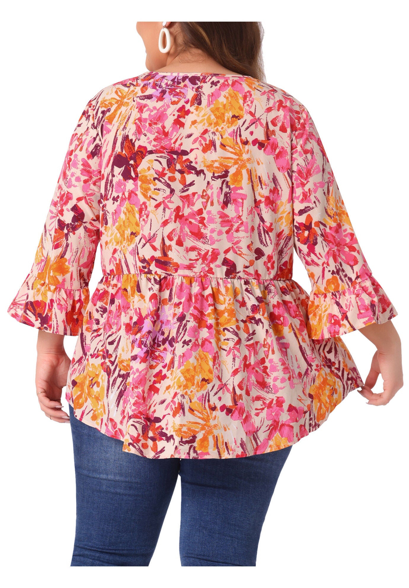 Floral V Neck Ruffle Sleeve Babydoll Peplum Blouse, Orange Pink / Orange, alternate image number 3