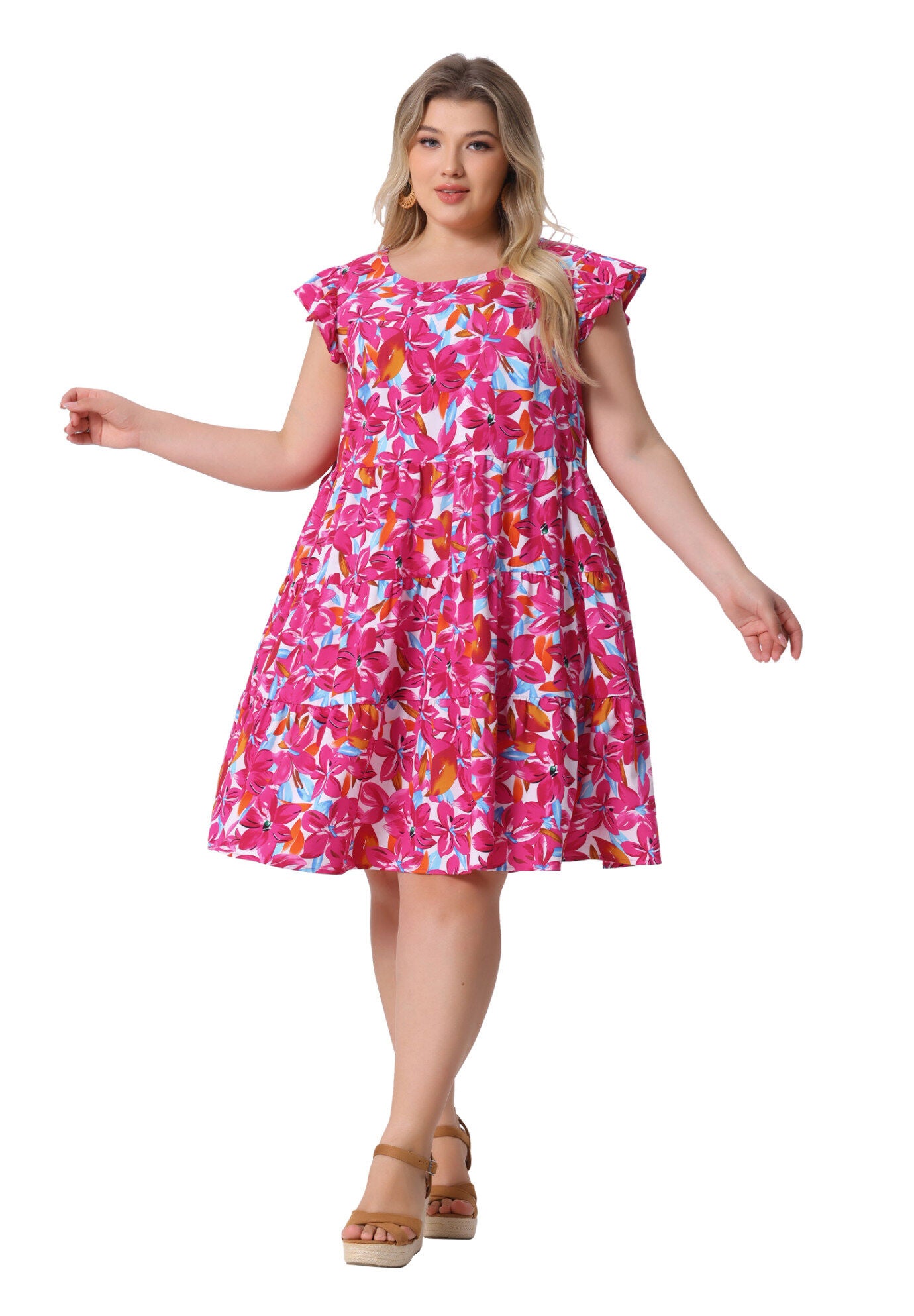 Summer Flutter Sleeves Floral Print Tiered Babydoll Ruffle Dress, Red / Red, hi-res image number 0