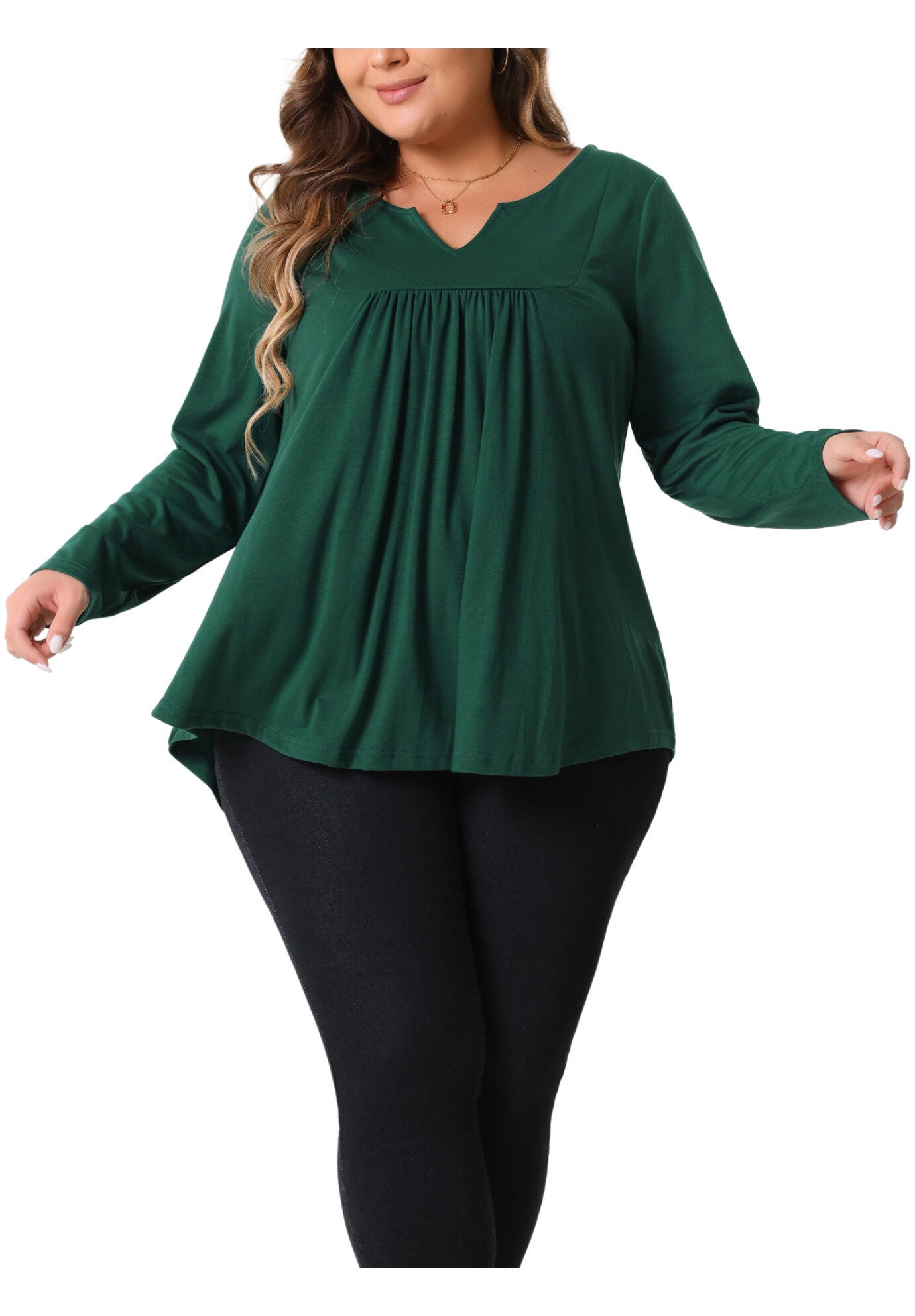 Notched Neck Long Sleeve Front Pleated Blouse, Dark Green / Forest Green, alternate image number 3