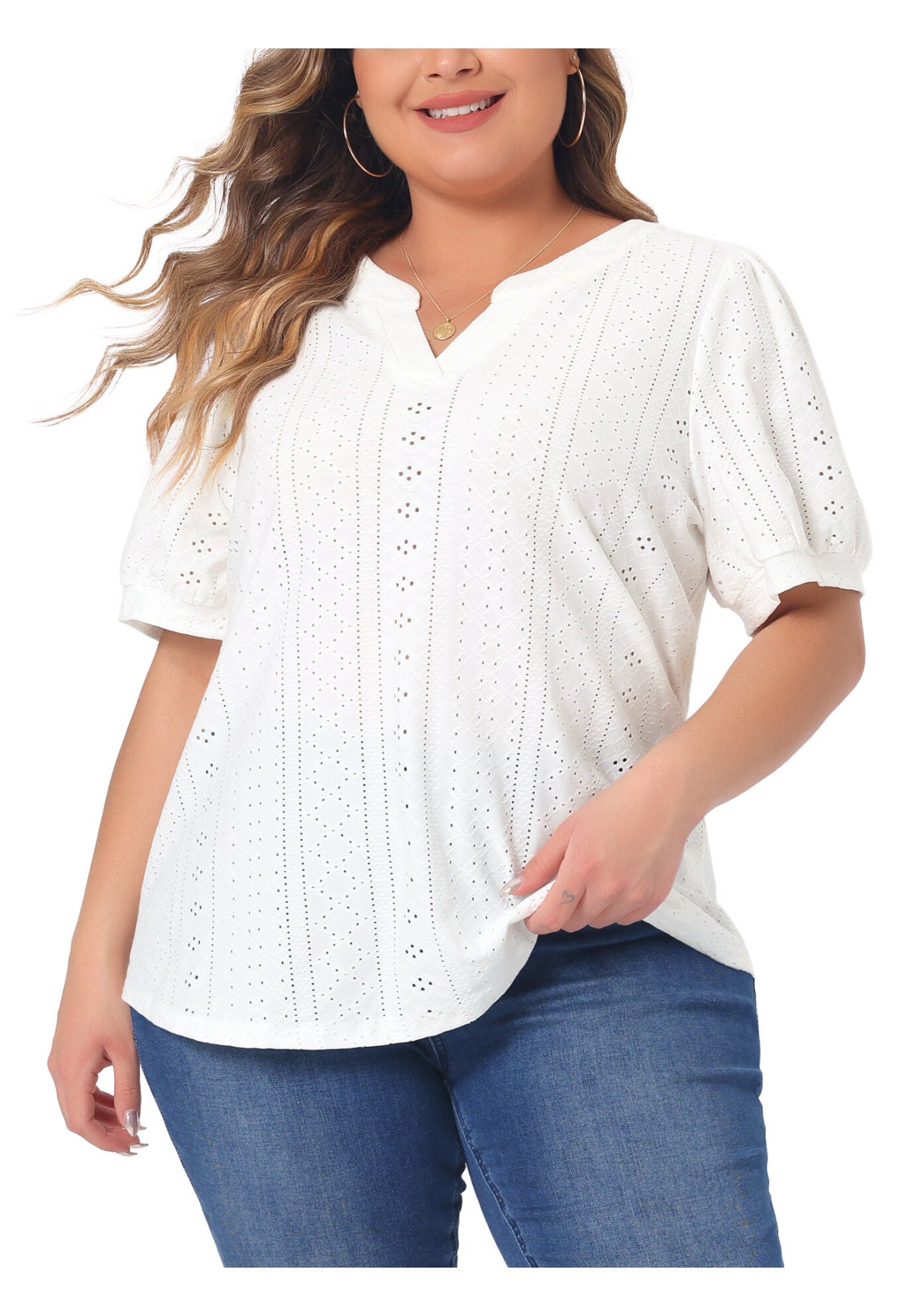 Hollow Casual V Neck Short Sleeve Summer Blouse, White / White, alternate image number 2