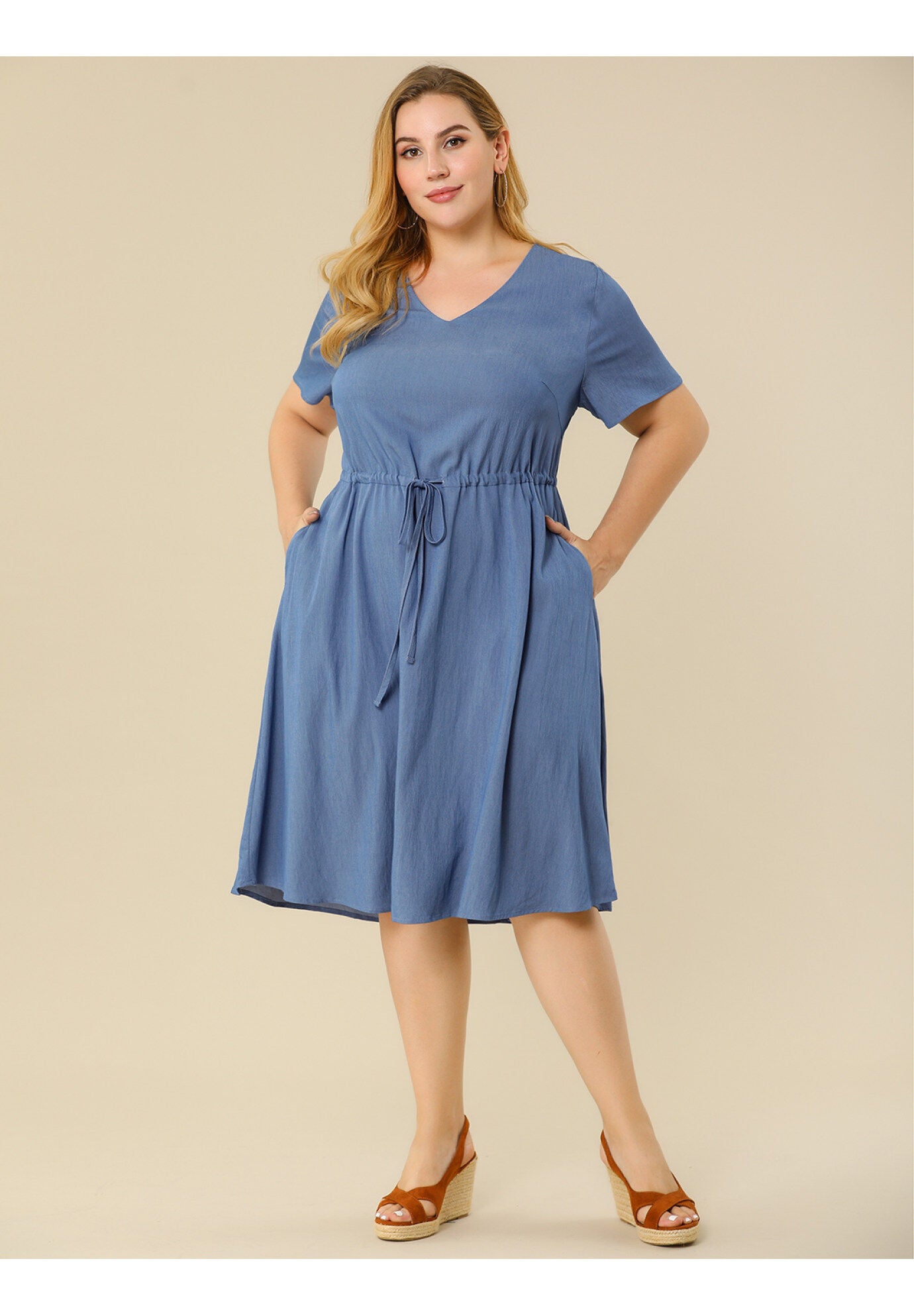 V Neck Short Sleeve A Line Flowy Midi Chambray Dress, Blue / Dusty Blue, alternate image number 1